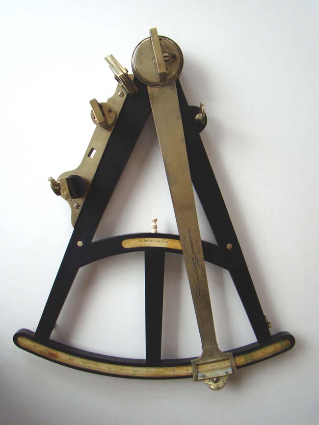An outstanding 18th century Mariner's Octant with engraved  18 1/4" index arm and ivory name plate engraved "Samuel Breck" circa 1775-1790